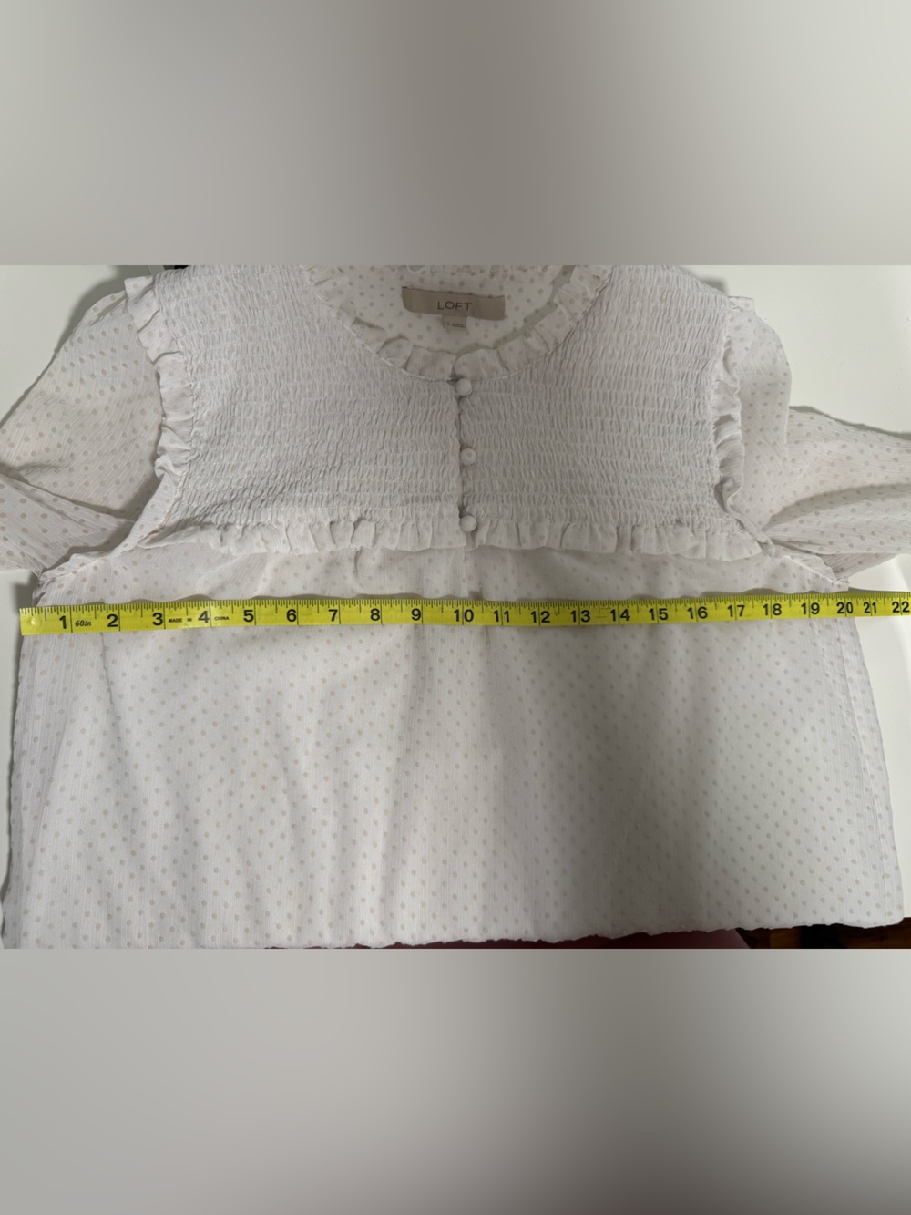 LOFT White Swiss Dot Smocked Ruffle Blouse Size Small - Picture 9 of 10